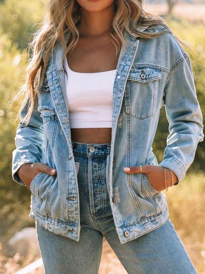 Flap Pocket Drop Shoulder Hooded Denim Jacket | SHEIN