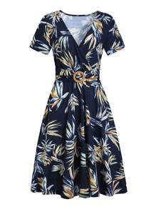 Tropical Print A-Line Dress - Navy Blue - View 4