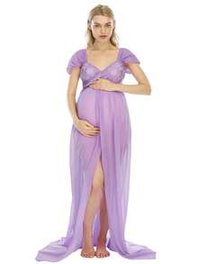 JustVH Thai sản Off Shoulder Tách đùi Đầm - Màu tím  Violet - Xem 6