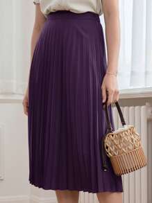 Simple Retro Solid Pleated Skirt - Purple - View 1