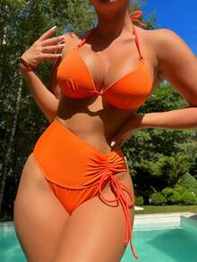 抽繩掛脖比基尼泳裝 - 橘色 - 查看 1