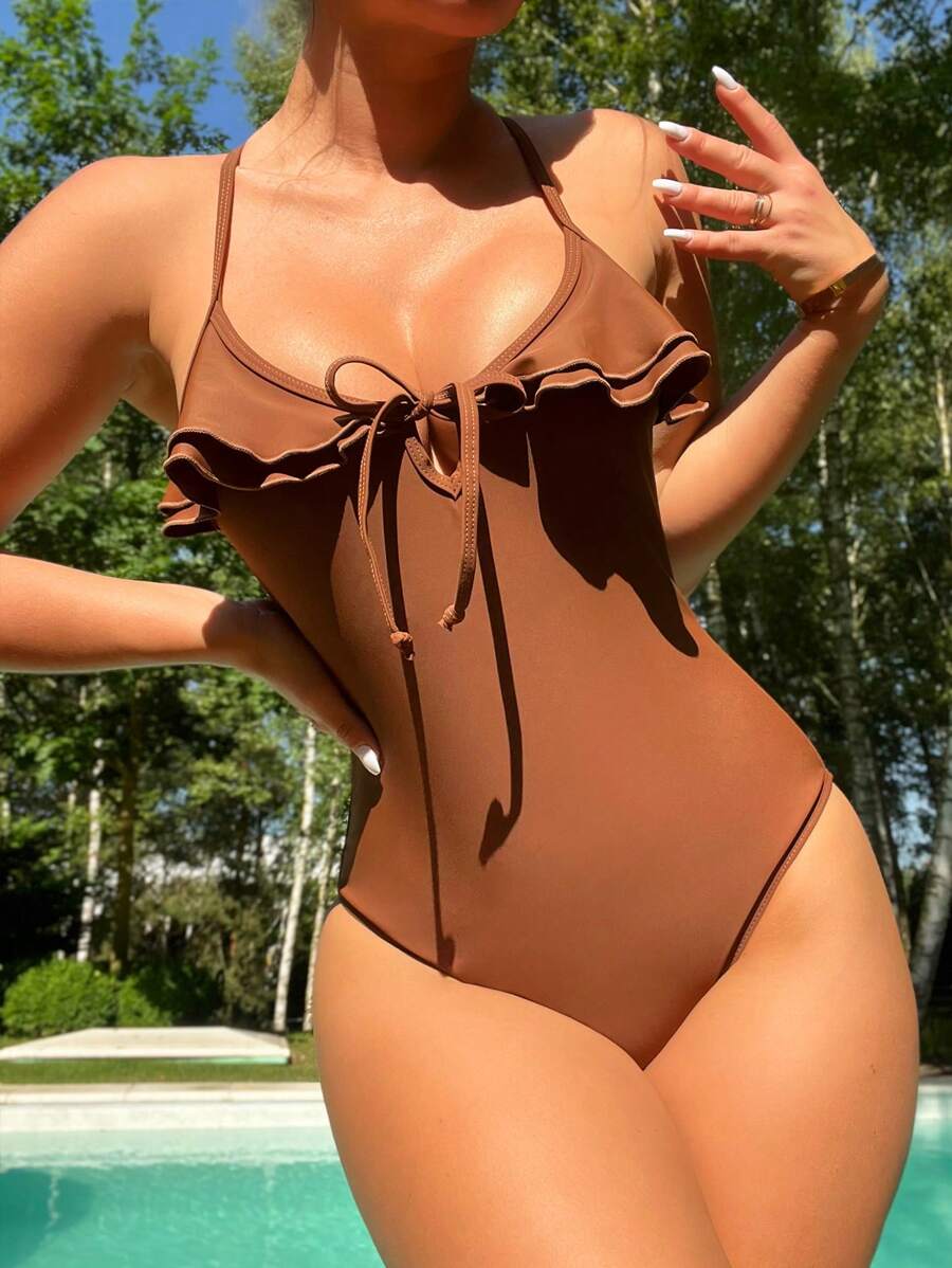 荷葉邊前繫帶連體泳衣 - 鏽棕色 - 查看 1