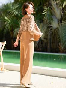 Zebra Striped Print Blouse & Wide Leg Pants - Coffee Brown - View 2