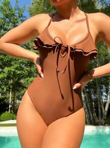 荷葉邊前繫帶連體泳衣 - 鏽棕色 - 查看 5