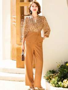 Zebra Striped Print Blouse & Wide Leg Pants - Coffee Brown - View 5