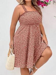 SHEIN Clasi 大碼碎花褶邊吊帶連衣裙 - 粉色 - 查看 3