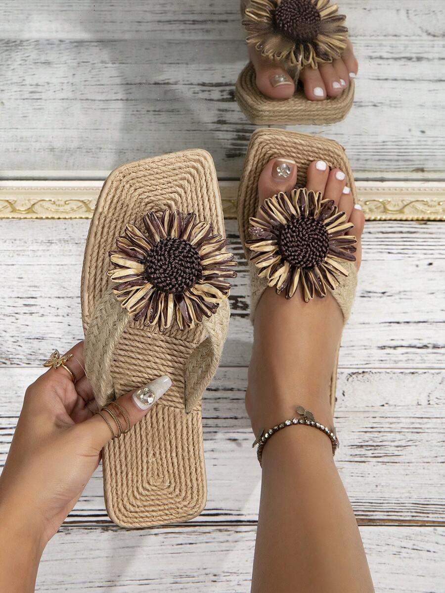 时尚女士花朵绳底人字凉鞋 - 咖啡棕 - 查看 1