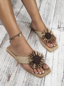 时尚女士花朵绳底人字凉鞋 - 咖啡棕 - 查看 2