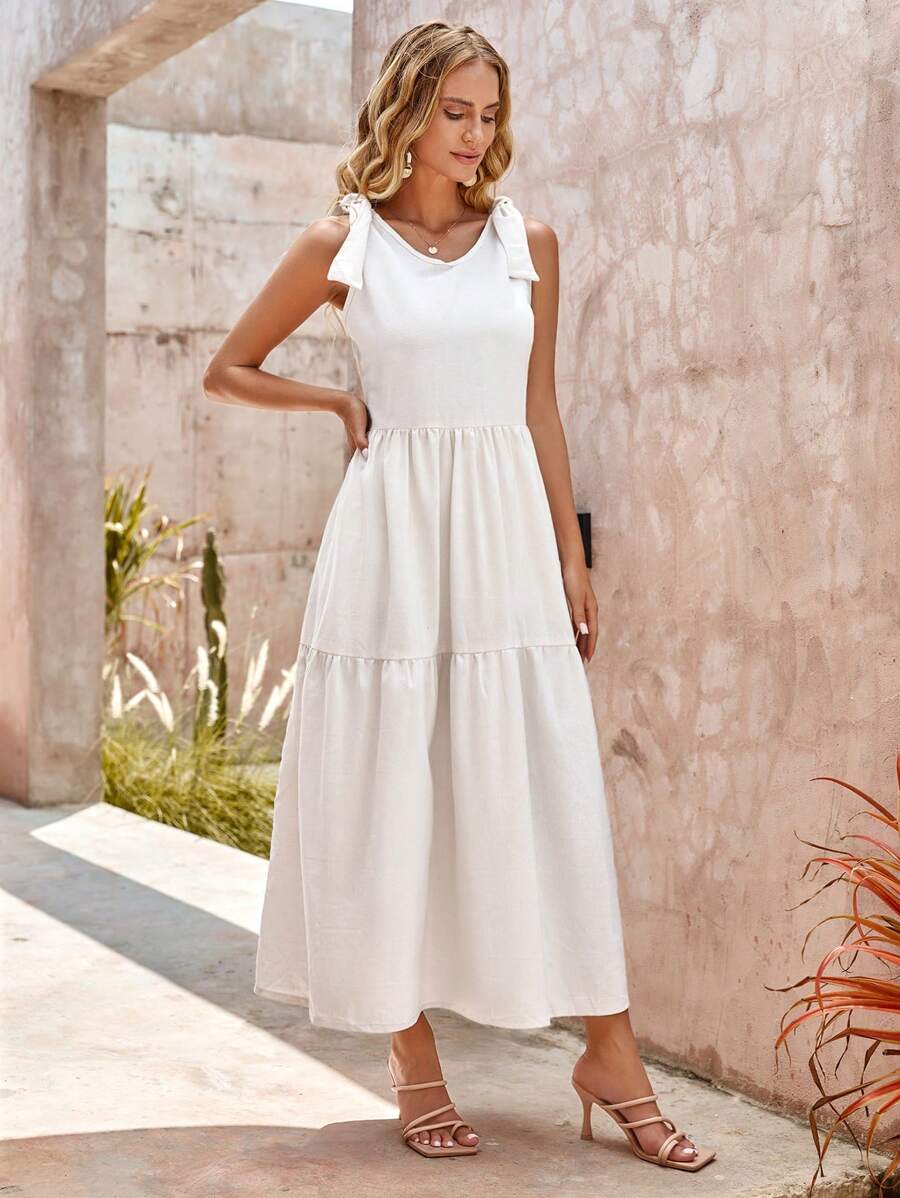 RueChic Solid Knot Shoulder Ruffle Hem Dress - White - View 1