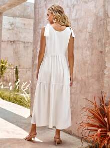 RueChic Solid Knot Shoulder Ruffle Hem Dress - White - View 4