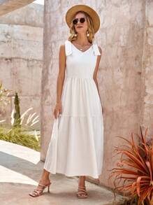 RueChic Solid Knot Shoulder Ruffle Hem Dress - White - View 5