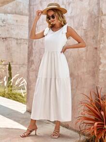 RueChic Solid Knot Shoulder Ruffle Hem Dress - White - View 6