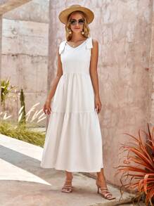 RueChic Solid Knot Shoulder Ruffle Hem Dress - White - View 7