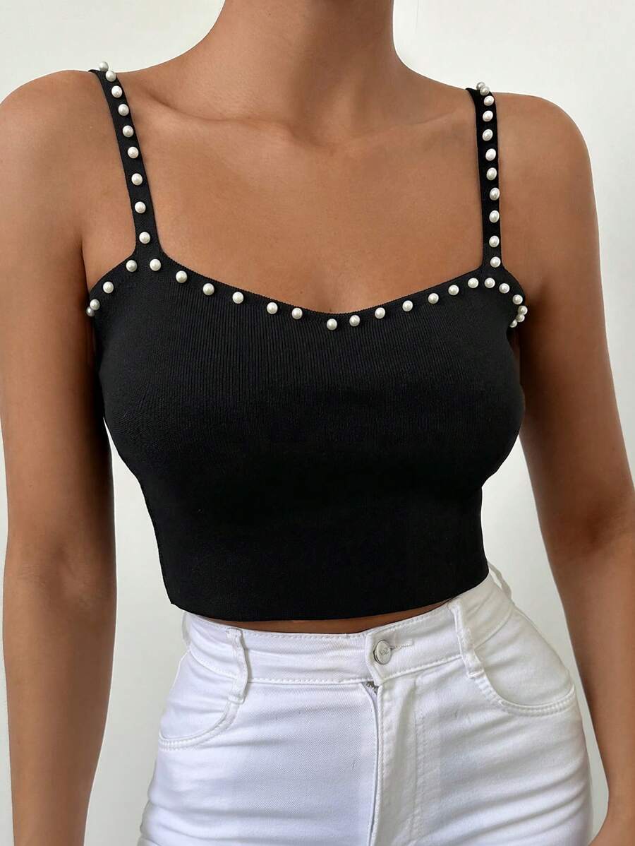 Tops With Pearls On Them 2026.Pearls Beaded Crop Cami Knit Top | SHEIN USA