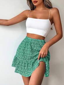 EURMUSE Ditsy Floral Ruffle Hem Skirt - Green - View 1
