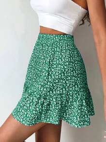 EURMUSE Ditsy Floral Ruffle Hem Skirt - Green - View 3