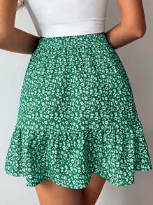 EURMUSE Ditsy Floral Ruffle Hem Skirt - Green - View 4