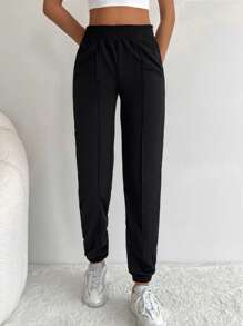 SHEIN PETITE Casual Solid Color Sweat Pants With Elastic Waistband And Laced Ankle Curve