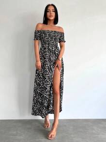 EURMUSE Ditsy Floral Off Shoulder Split Thigh Dress - Multicolor - View 1