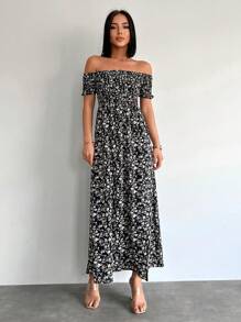 EURMUSE Ditsy Floral Off Shoulder Split Thigh Dress - Multicolor - View 4