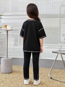 SHEIN Leap Crew 女小童字母貼布頂針落肩T恤和褲子 - 黑色 - 查看 2