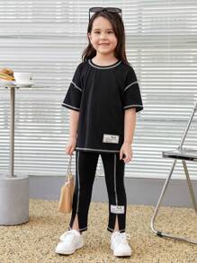 SHEIN Leap Crew 女小童字母貼布頂針落肩T恤和褲子 - 黑色 - 查看 4