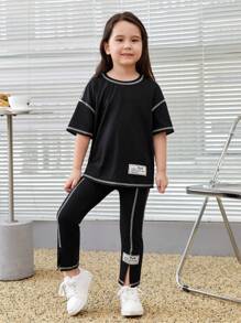 SHEIN Leap Crew 女小童字母貼布頂針落肩T恤和褲子 - 黑色 - 查看 5