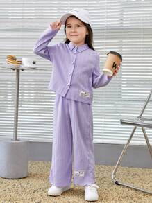 SHEIN Young Girl Letter Patched Detail Shirt & Wide Leg Pants