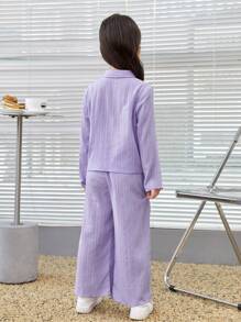 SHEIN Young Girl Letter Patched Detail Shirt & Wide Leg Pants