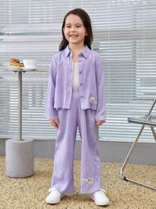 SHEIN Young Girl Letter Patched Detail Shirt & Wide Leg Pants