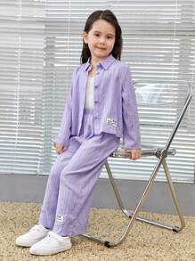 SHEIN Young Girl Letter Patched Detail Shirt & Wide Leg Pants