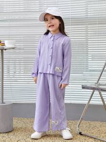 SHEIN Young Girl Letter Patched Detail Shirt & Wide Leg Pants