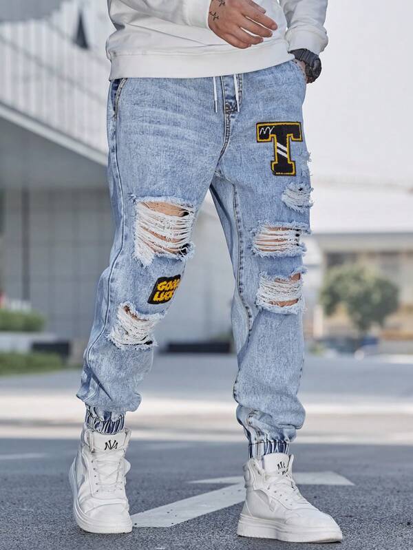 Manfinity Sporsity Men Cotton Letter Patched Ripped Jogger Jeans
