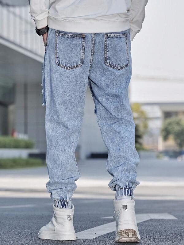 Manfinity Sporsity Men Cotton Letter Patched Ripped Jogger Jeans