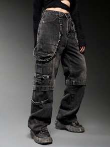 ROMWE Grunge Punk Solid Strap Detail Cargo Boy Friend Jeans, School - Dark Grey - View 3