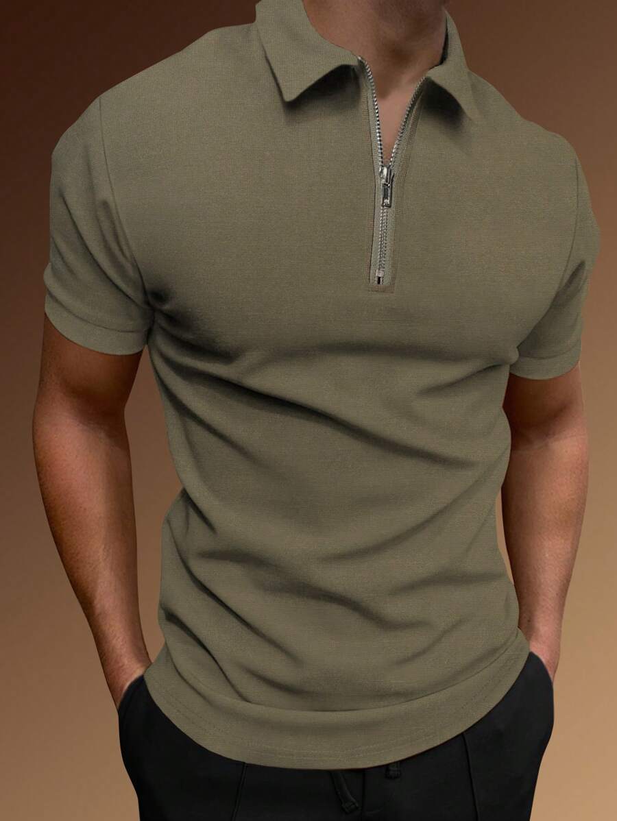 Manfinity Homme Men Quarter Zipper Polo Shirt - Army Green - View 1