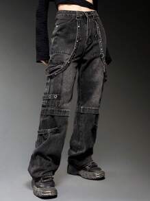 ROMWE Grunge Punk Solid Strap Detail Cargo Boy Friend Jeans, School - Dark Grey - View 4