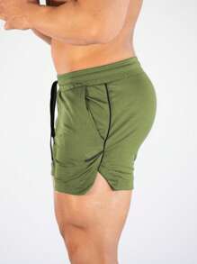 Manfinity Sport PWRUP Boyfriend Style Men Contrast Trim Drawstring Waist Split Hem Sports Shorts Gym Shorts