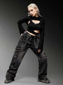 ROMWE Grunge Punk Solid Strap Detail Cargo Boy Friend Jeans, School - Dark Grey - View 5