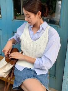 DAZY Solid Pointelle Knit Sweater Vest Without Blouse,Fall Clothes