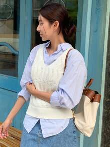 DAZY Solid Pointelle Knit Sweater Vest Without Blouse,Fall Clothes