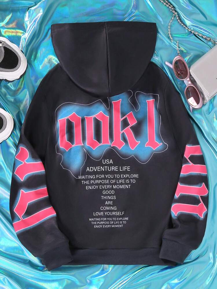 Girls' Street Style Hooded Long Sleeve Letter Print Sweatshirt