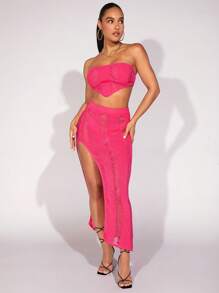 SHEIN BAE 1pc Split Thigh Ripped Knit Skirt - Hot Pink - View 3