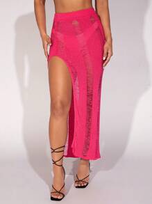 SHEIN BAE 1pc Split Thigh Ripped Knit Skirt - Hot Pink - View 5