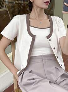 DAZY Contrast Trim Button Front Cardigan With Cami Knit Top - Beige - View 4