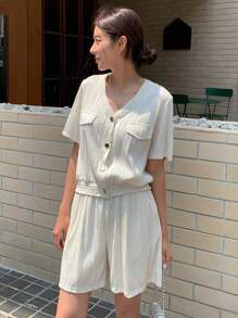 DAZY Flap Detail Button Front Blouse & Shorts - Beige - View 4