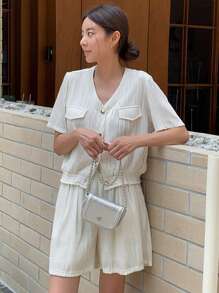 DAZY Flap Detail Button Front Blouse & Shorts - Beige - View 6