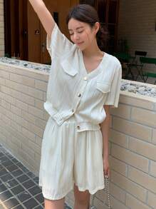 DAZY Flap Detail Button Front Blouse & Shorts - Beige - View 8