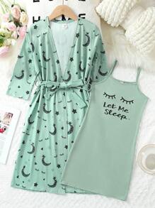 Tween Girl Moon Print Robe & Slogan Graphic Cami Sleep Dress - Mint Green - View 1