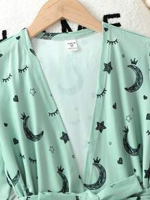 Tween Girl Moon Print Robe & Slogan Graphic Cami Sleep Dress - Mint Green - View 3